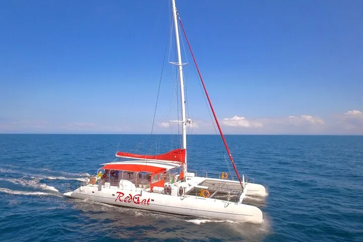 Red Cat catamaran sailing on the open blue ocean near Taboga Island